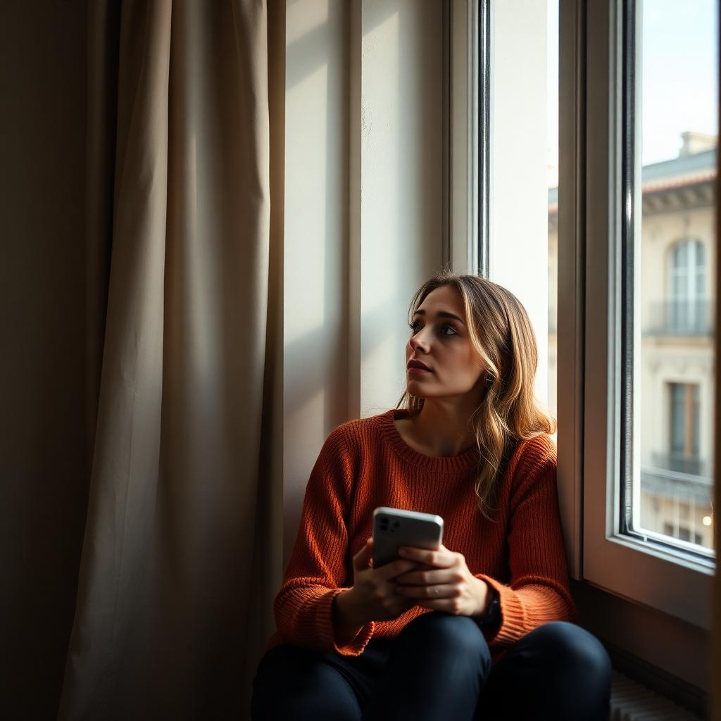 Donna pensierosa con lo smartphone in mano seduta vicino a una finestra al mattino