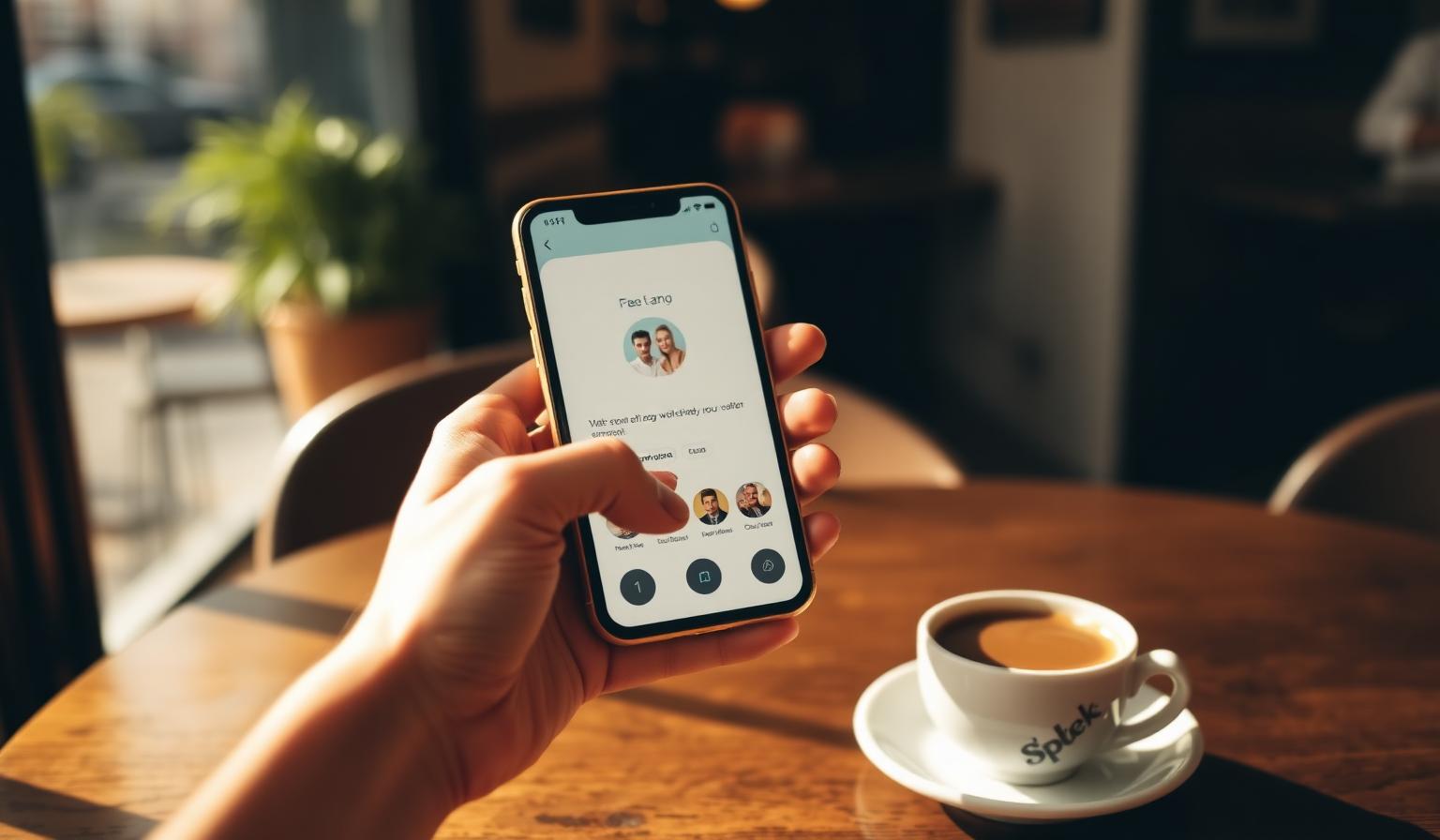 Mano regge uno smartphone con un'app di dating in un caffè italiano accanto a un espresso