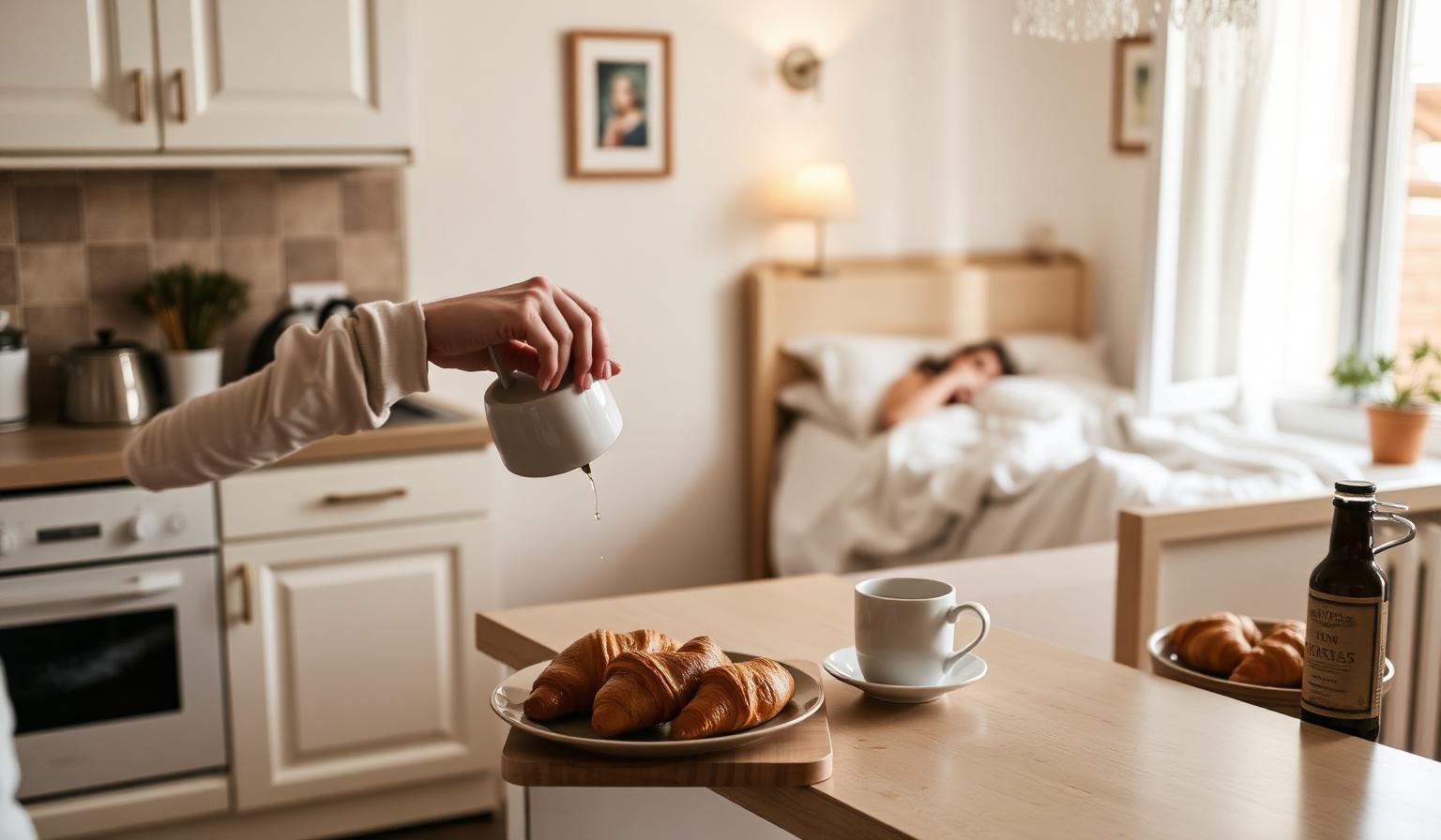 Colazione preparata con cura su un tavolo di cucina italiana al mattino con luce naturale