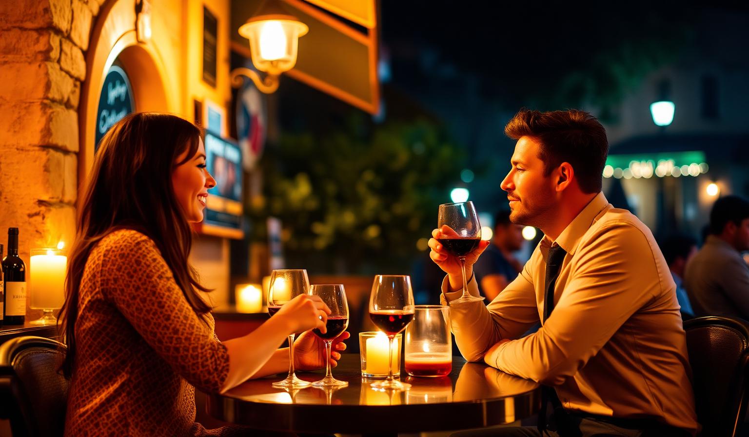 Due persone flirtano sorridenti a un tavolo di un wine bar italiano illuminato dalle candele