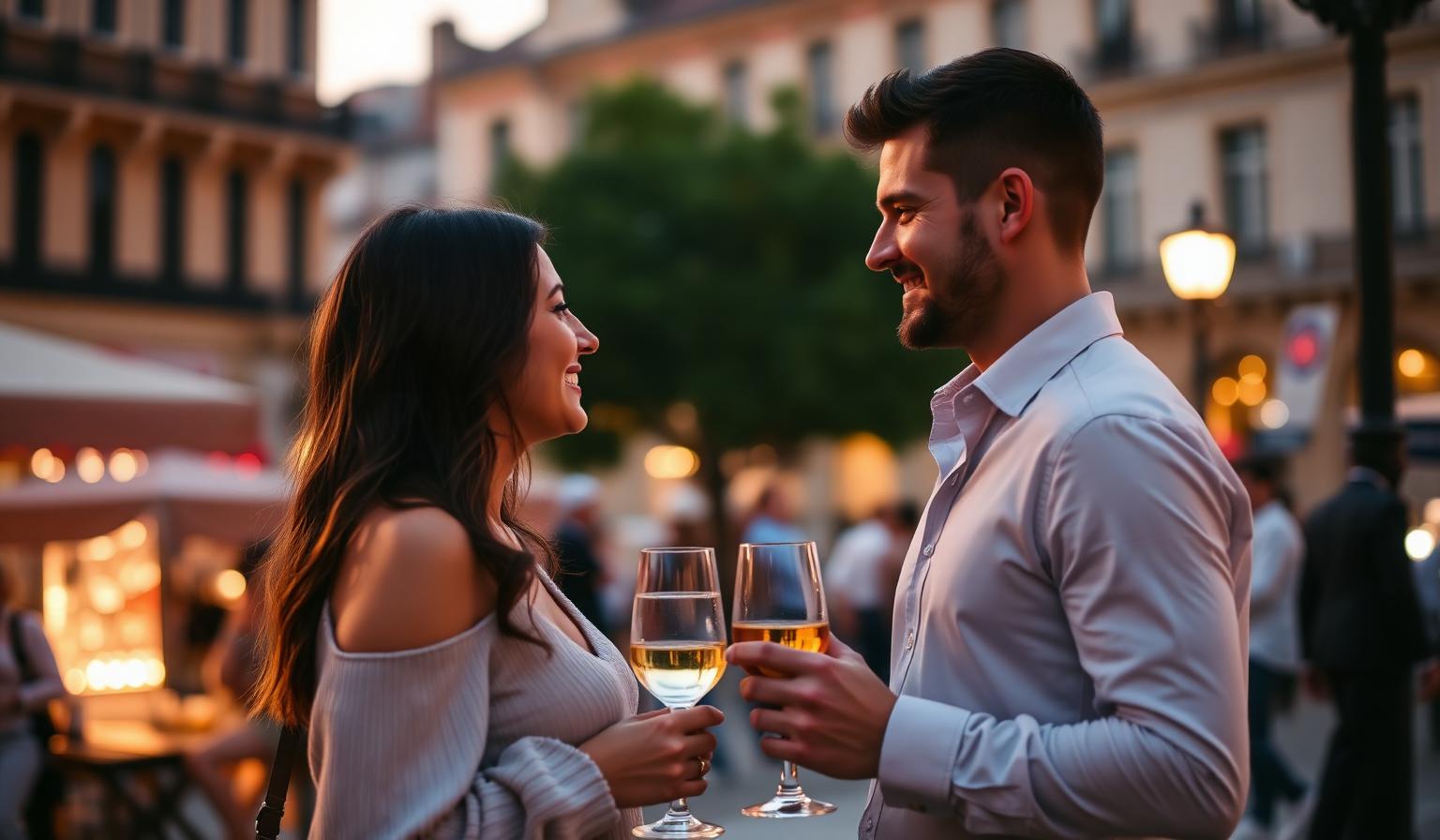 Due persone brindano in una piazza italiana al tramonto durante un aperitivo
