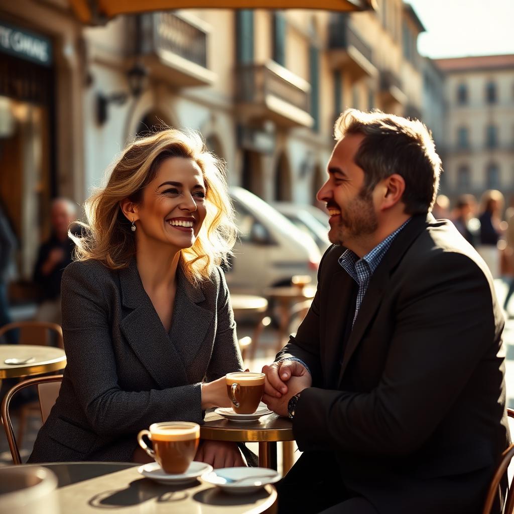 Donna elegante e uomo ridono insieme a un caffè di una piazza italiana al sole