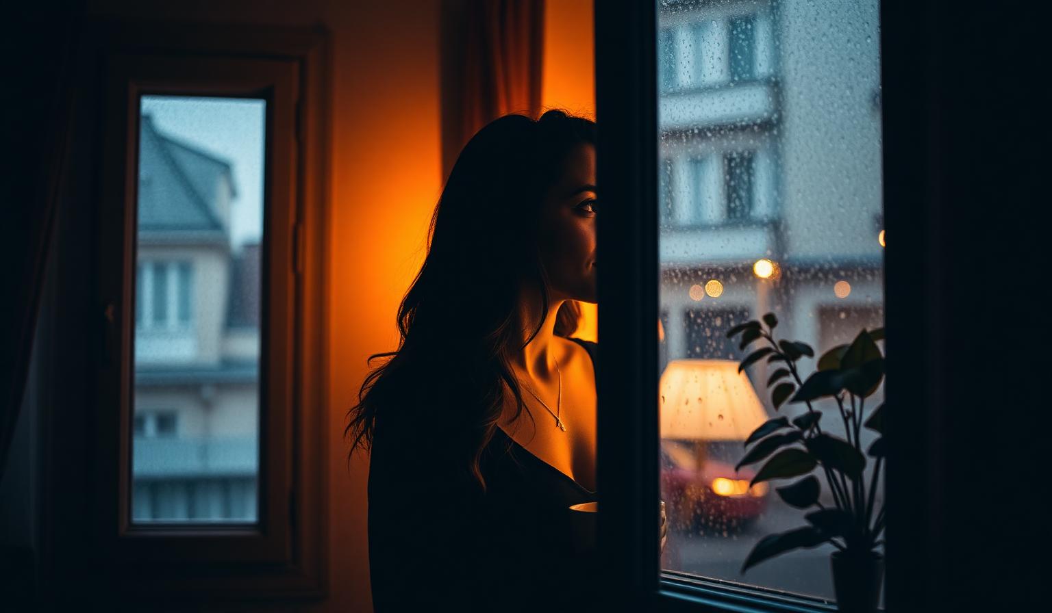 Donna pensierosa accanto a una finestra con la pioggia in un appartamento accogliente