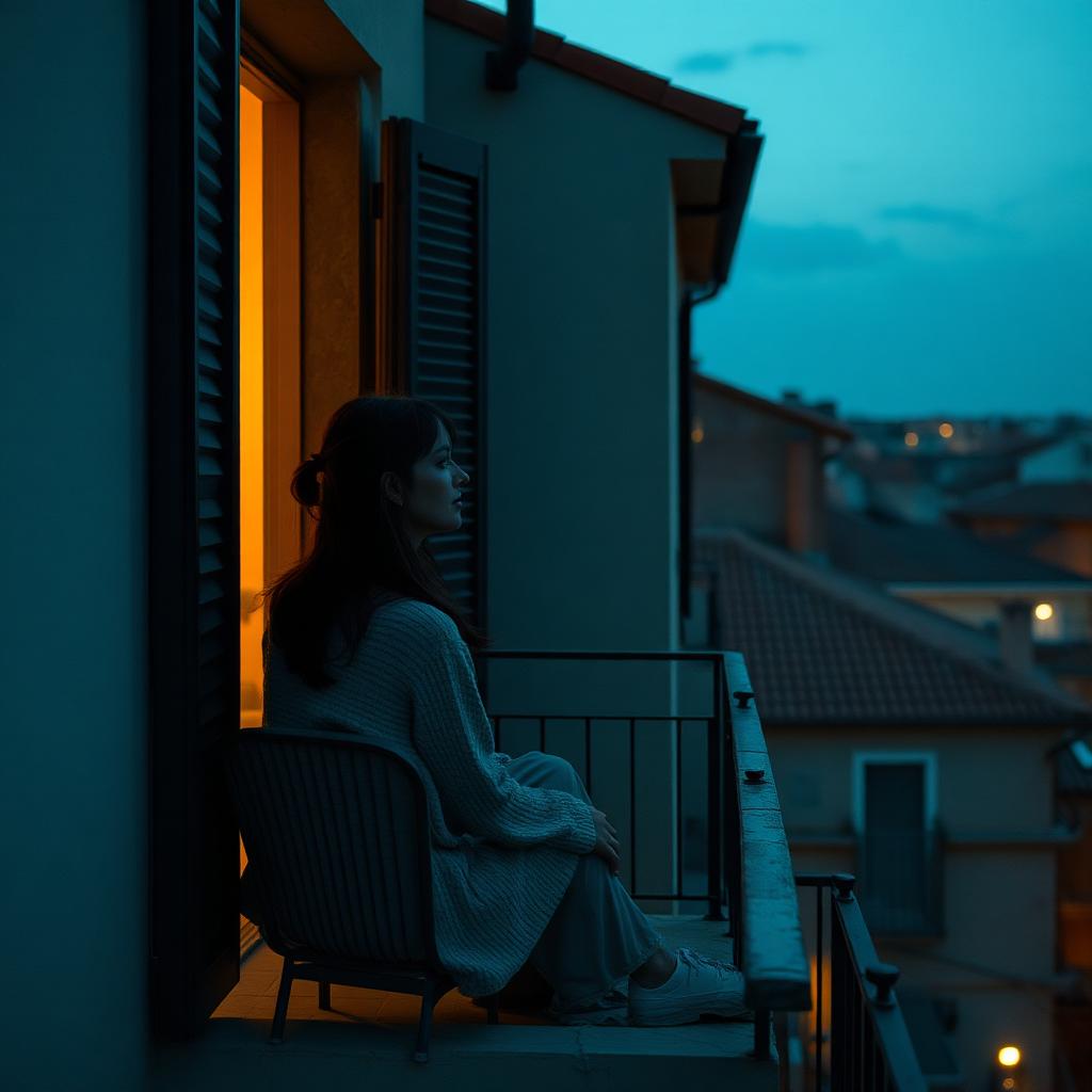 Coppia seduta in silenzio su un balcone italiano al crepuscolo, con luce malinconica