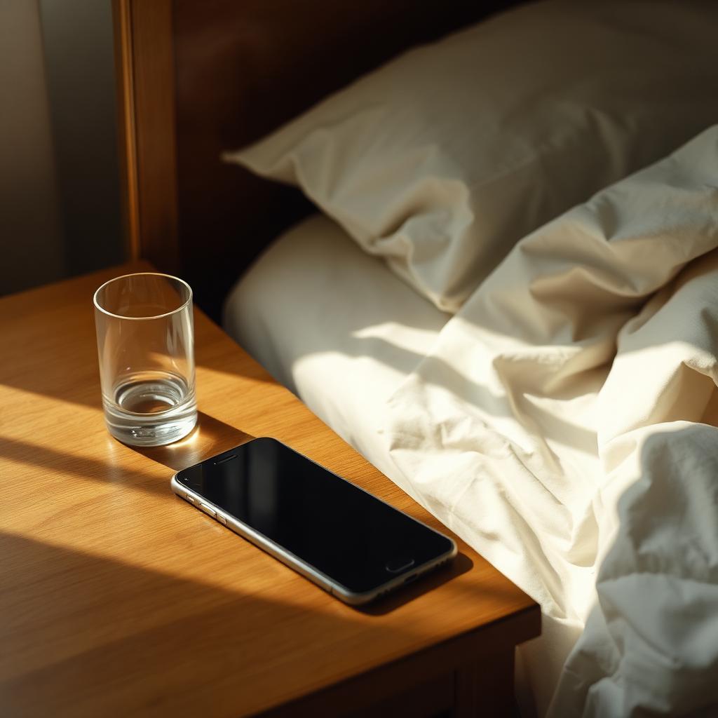 Smartphone appoggiato su un comodino di legno accanto a un bicchiere d'acqua e lenzuola al mattino