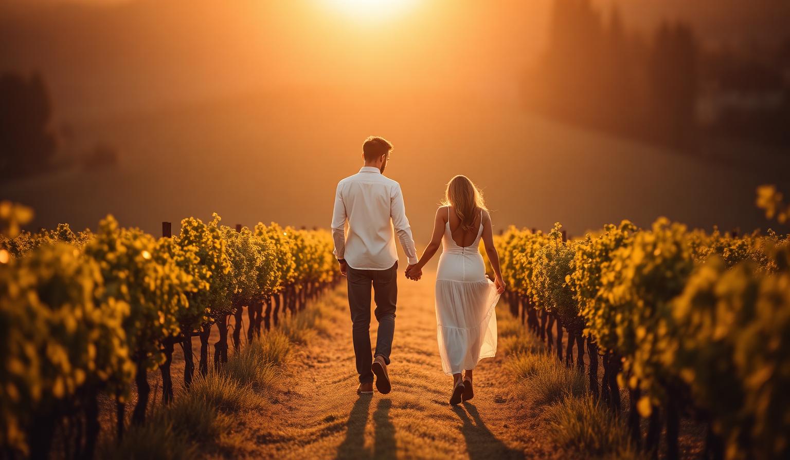 Coppia che si tiene per mano in un vigneto toscano al tramonto
