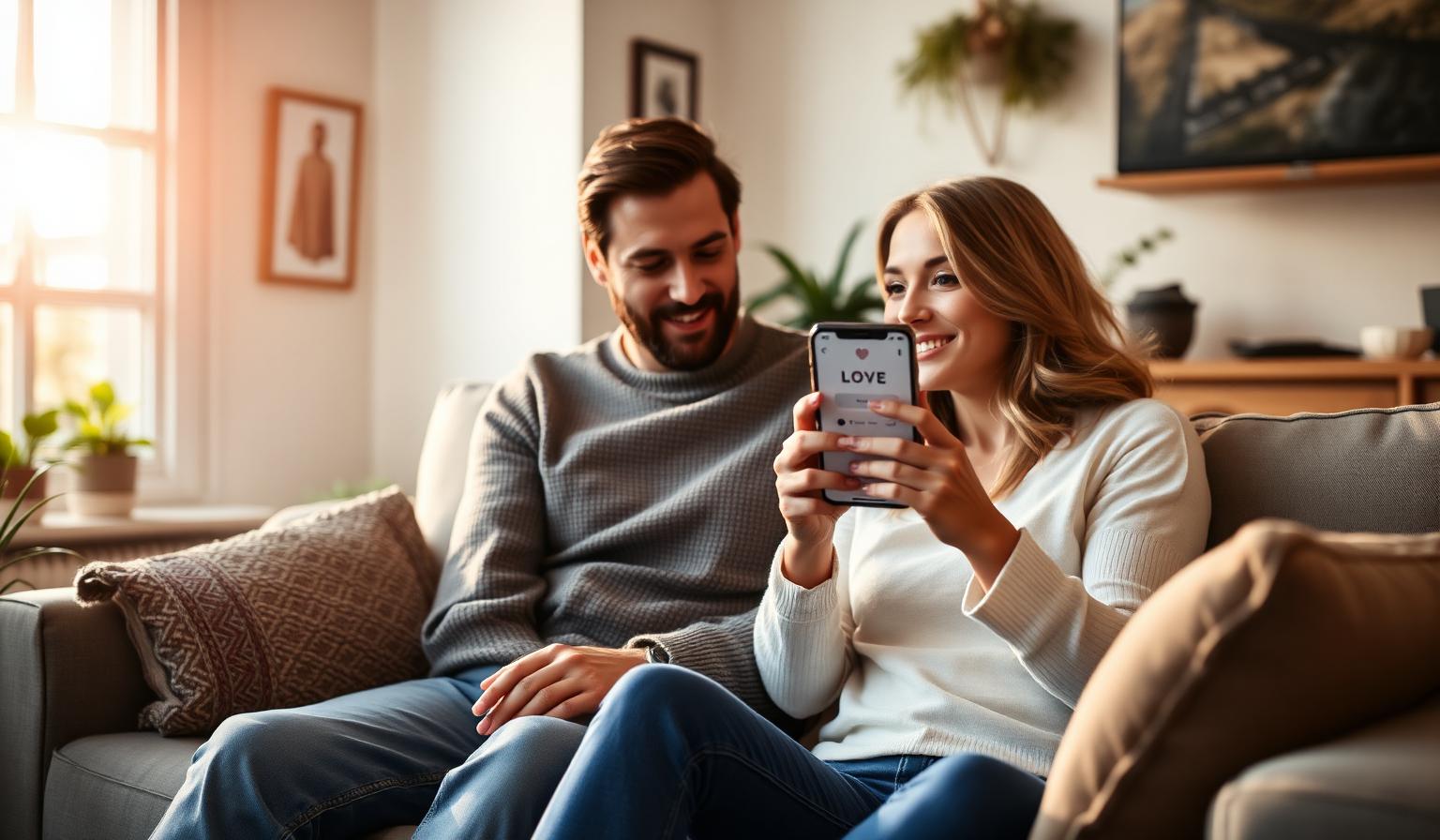 Coppia italiana seduta sul divano che guarda insieme il risultato di un quiz sullo smartphone con luce dorata