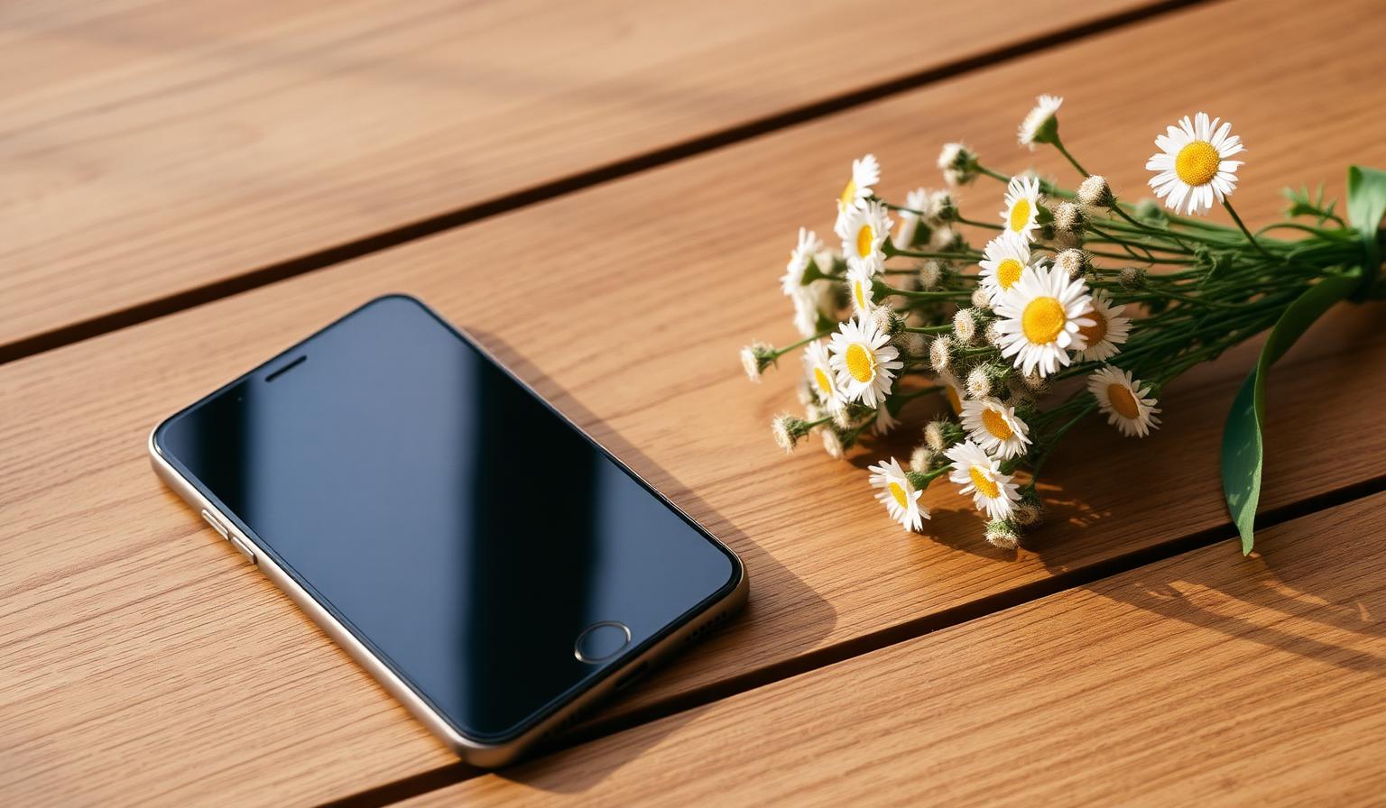 Smartphone su un tavolo di legno accanto a un mazzo di fiori di campo