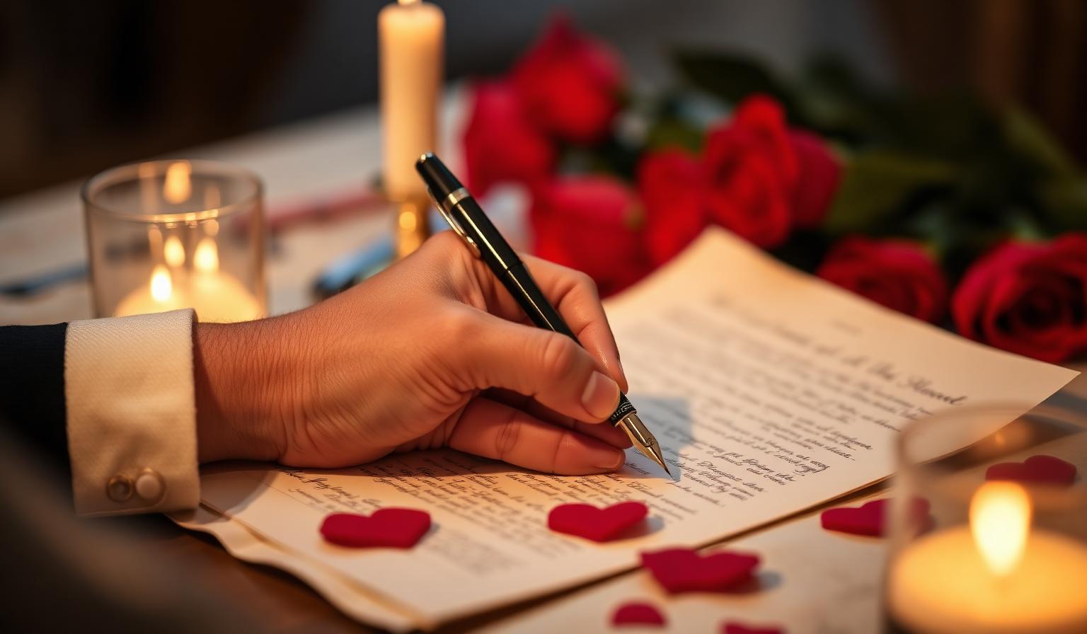 Primo piano di mani che scrivono una lettera d'amore a lume di candela su carta elegante