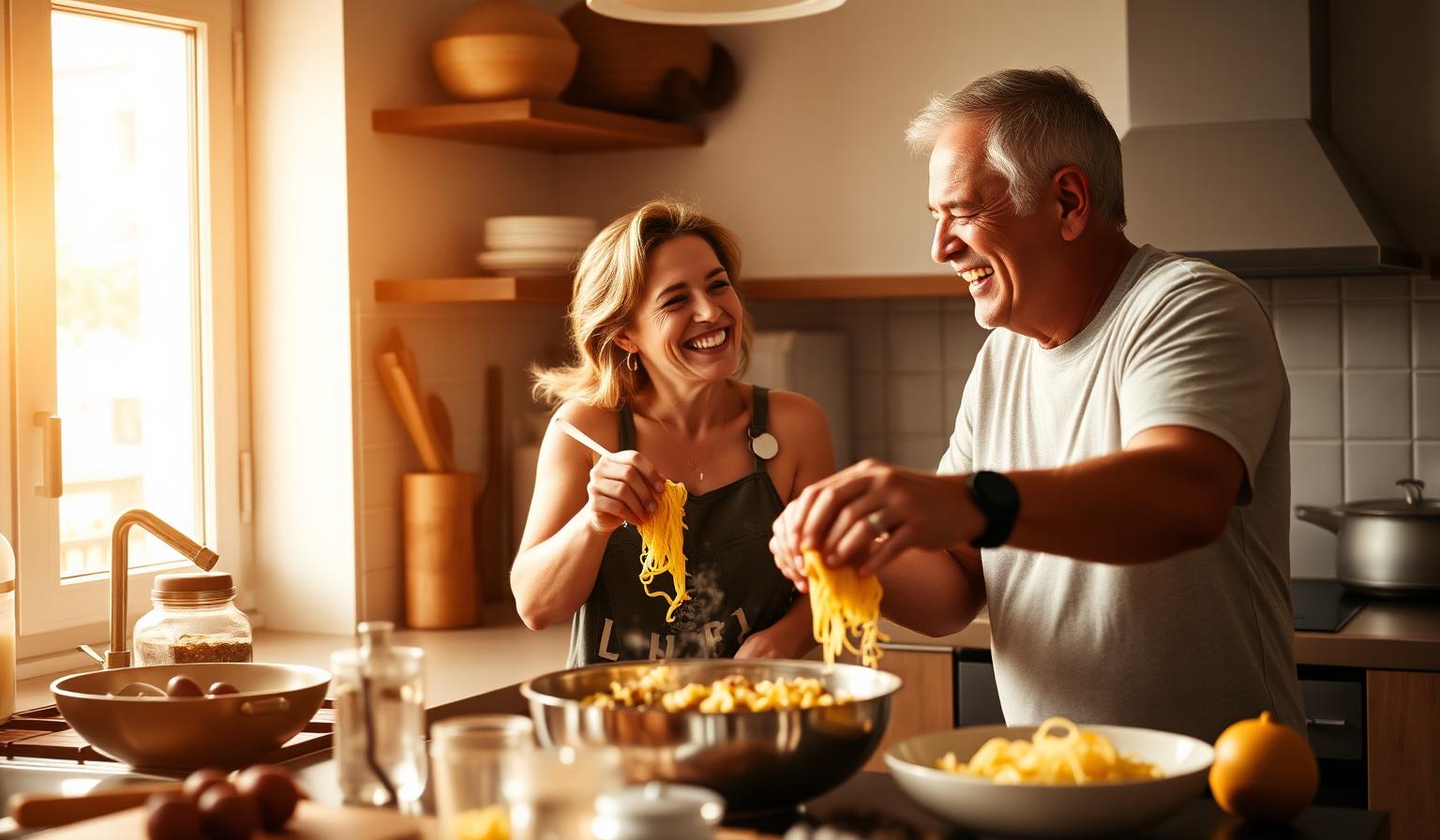 Coppia matura ride mentre cucina pasta insieme in una cucina italiana illuminata dal sole