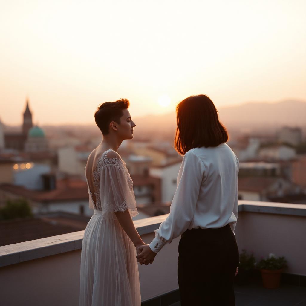 Coppia su una terrazza italiana al tramonto che si tiene per mano guardando l'orizzonte