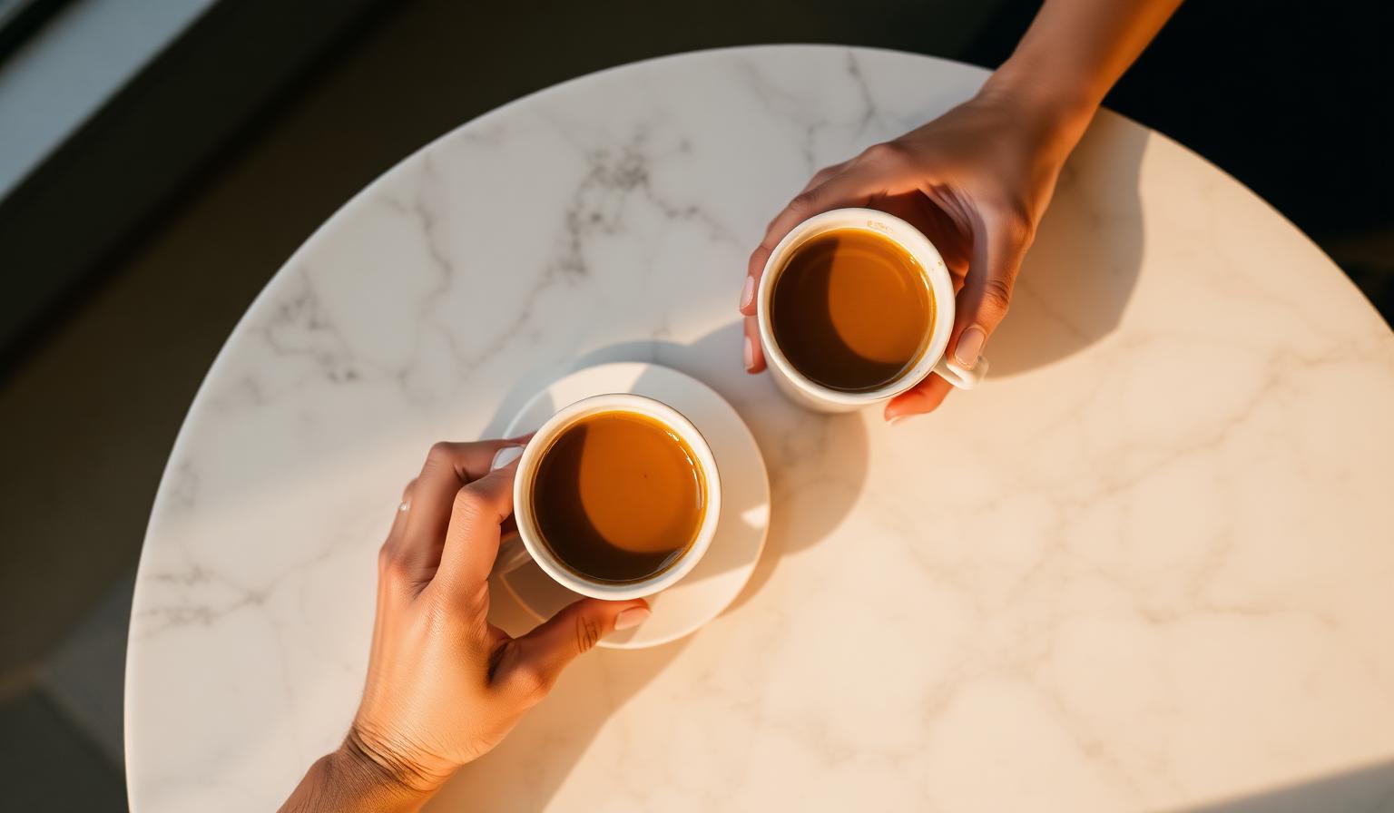 Due tazze di caffè e due mani sul tavolo di marmo al mattino