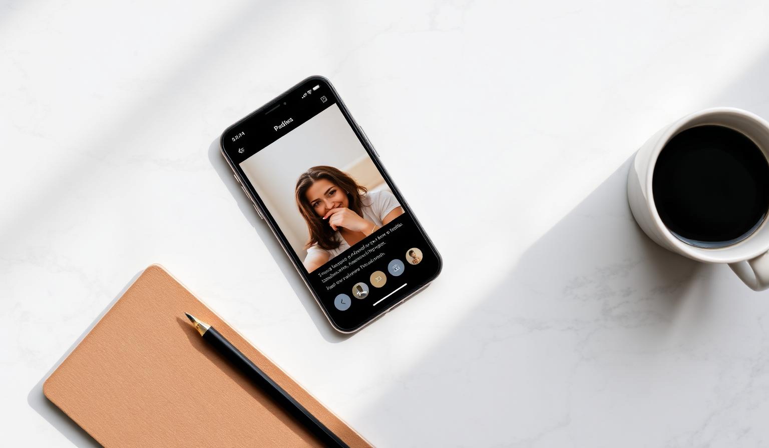 Smartphone su superficie di marmo mostra un profilo dating moderno accanto a caffè e taccuino