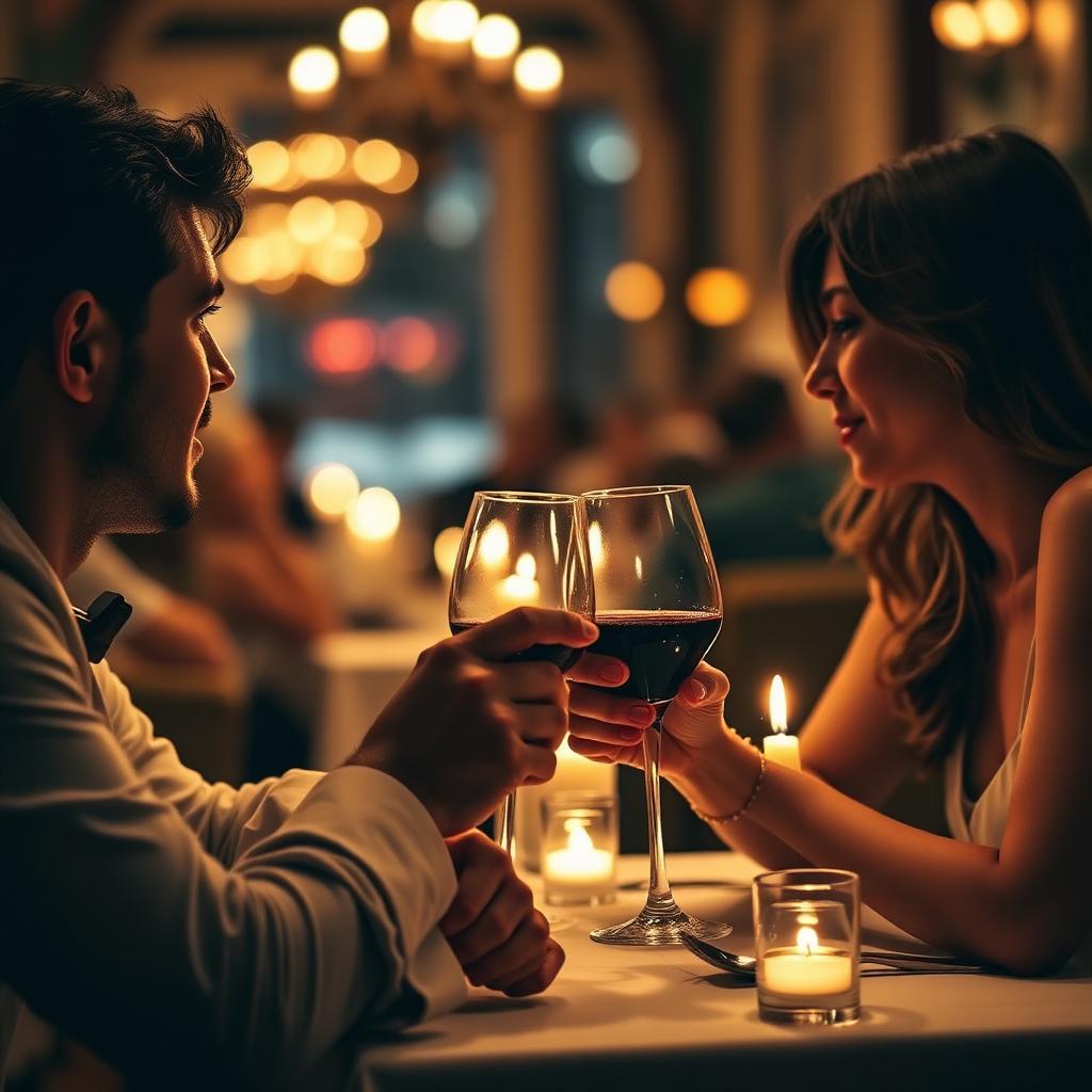 Coppia romantica a un tavolo illuminato da candele in una trattoria italiana