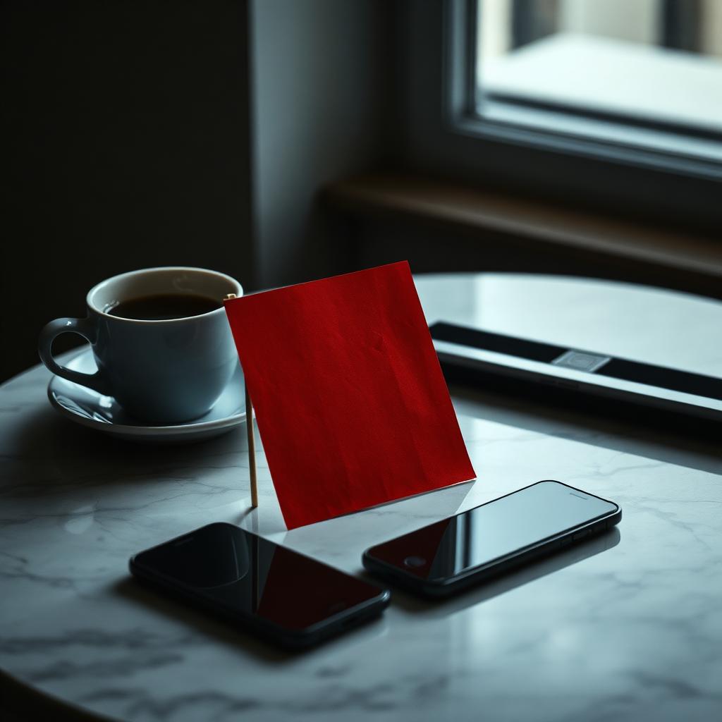 Bandierina rossa su un tavolo di marmo accanto a uno smartphone e una tazza di caffè
