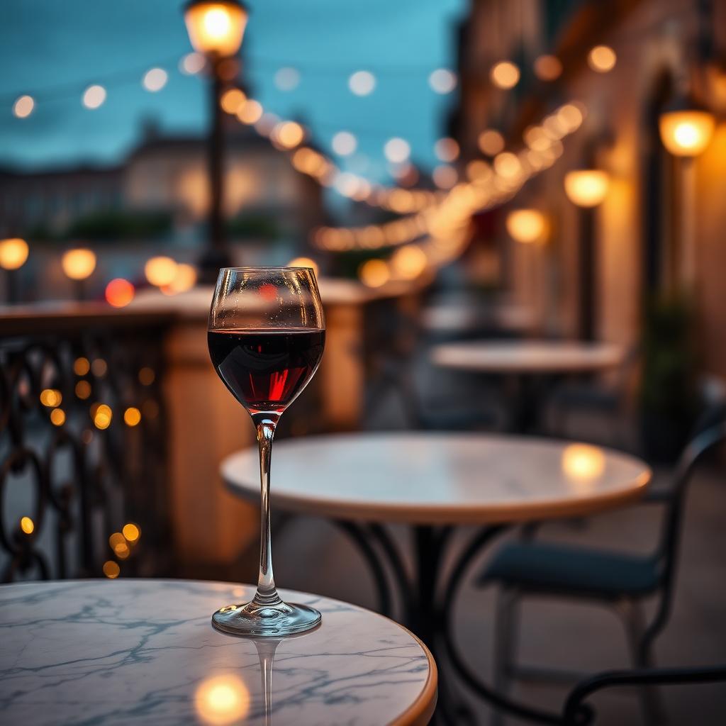 Due calici di vino rosso su un tavolo di marmo in una terrazza romana di notte