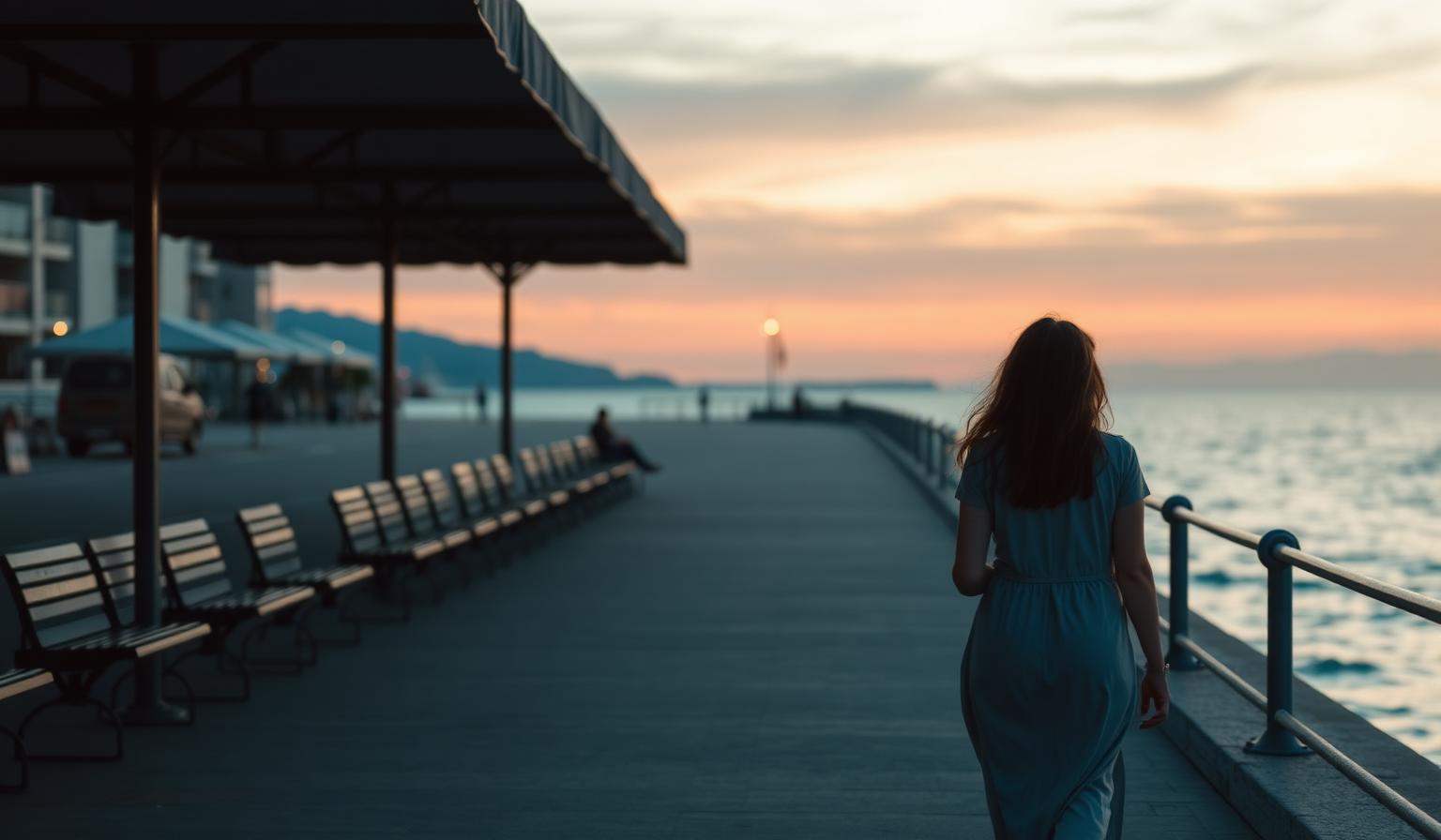 Donna cammina sola su un lungomare italiano all'alba, cielo rosa e dorato