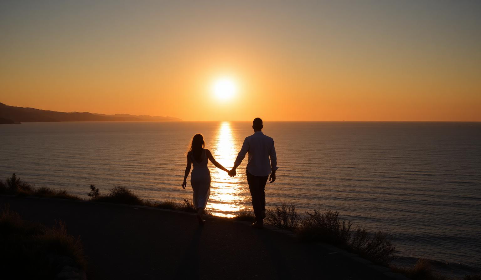 Coppia che cammina mano nella mano lungo un sentiero costiero italiano al tramonto con luce dorata