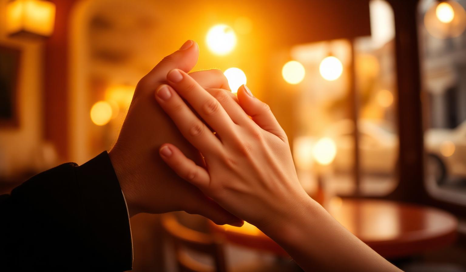 Primo piano di due mani intrecciate con delicatezza in un caffè italiano con luce calda